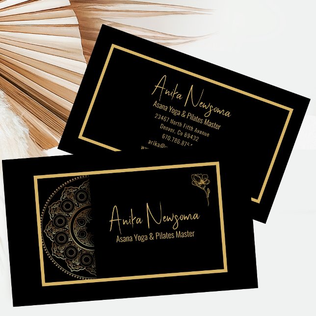 Moderne Black & Gold Mandala Yoga/Pilates Visitenkarte (Von Creator hochgeladen)