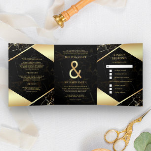 Moderne Black Gold Marmor Ampere und Hochzeit Dreifach Gefaltete Einladung