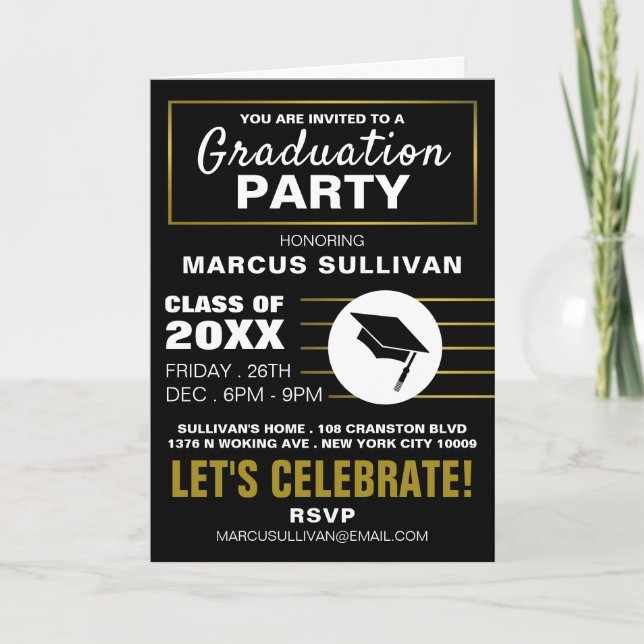 Moderne Black & Gold Party, Foto Graduation Party  Einladung (Vorderseite)