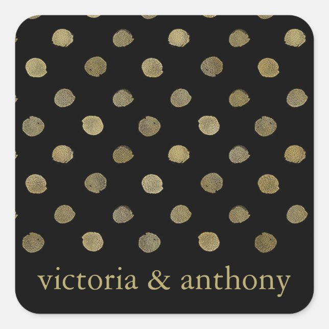 Moderne Black & Gold Polka Dots Gastgeschenk Hochz Quadratischer Aufkleber (Vorderseite)