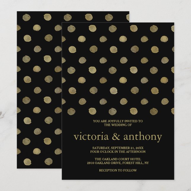 Moderne Black & Gold Polka Dots Hochzeit Einladung (Vorne/Hinten)