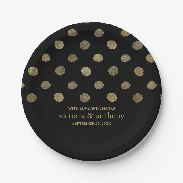 Moderne Black & Gold Polka Dots Hochzeit Pappteller (Vorderseite)