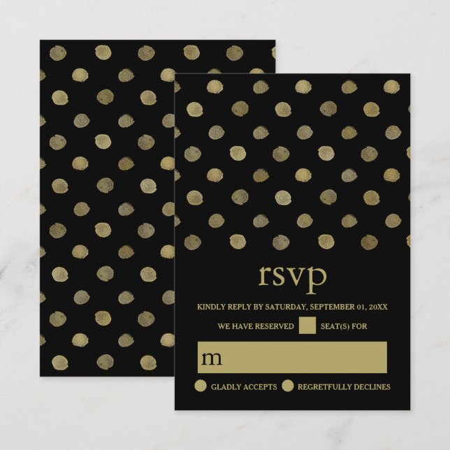 Moderne Black & Gold Polka Dots Hochzeit RSVP Karte (Vorne/Hinten)
