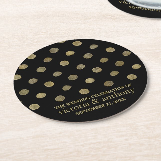 Moderne Black & Gold Polka Dots Hochzeit Runder Pappuntersetzer (Angewinkelt)