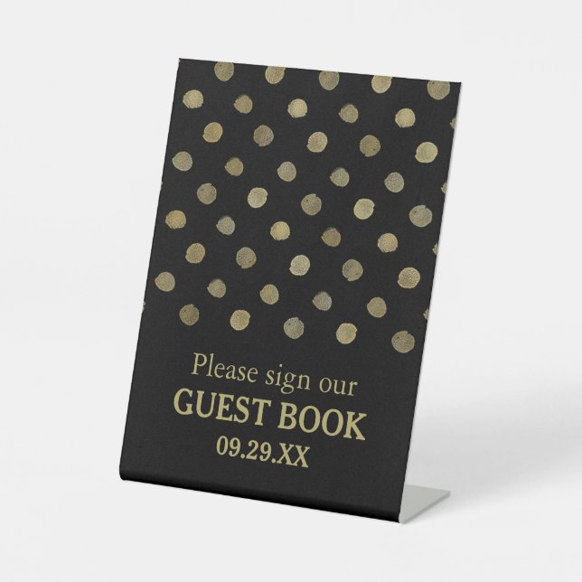 Moderne Black & Gold Polka Dots Hochzeit Sockelschild (Vorderseite)