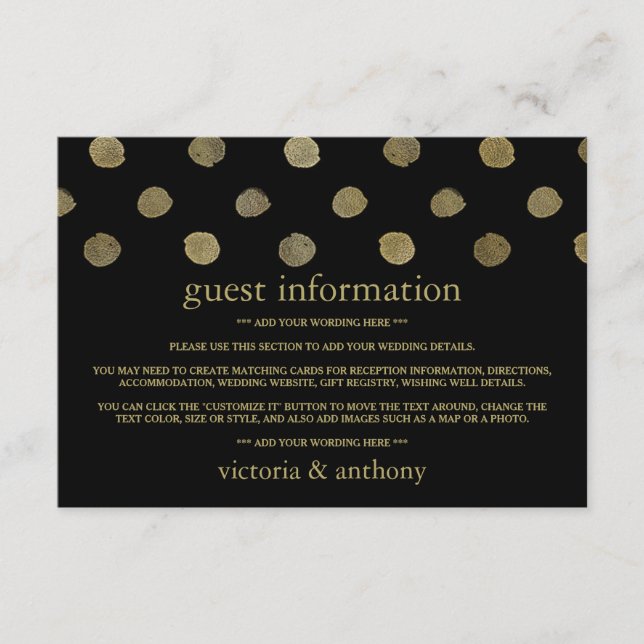 Moderne Black & Gold Polka Dots Hochzeitsdetails Begleitkarte (Vorderseite)