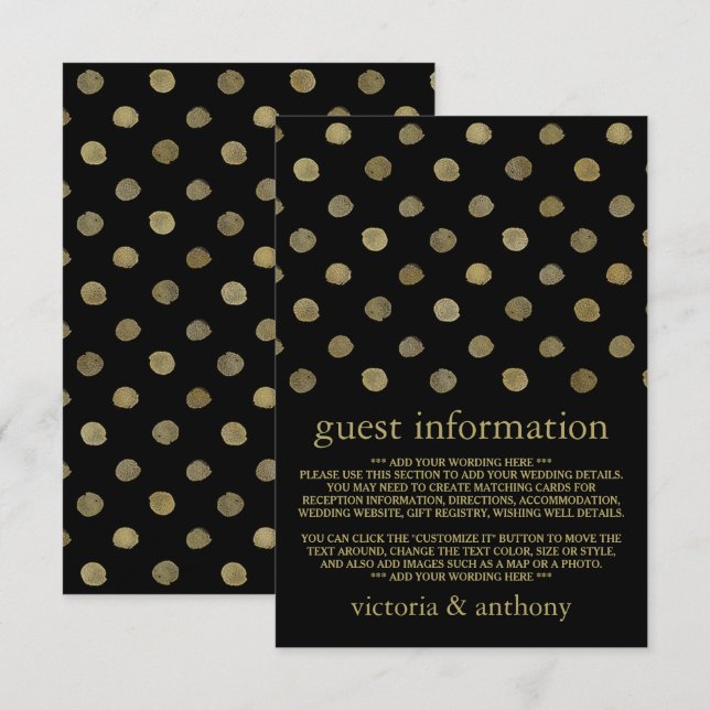 Moderne Black & Gold Polka Dots Hochzeitsdetails Begleitkarte (Vorne/Hinten)