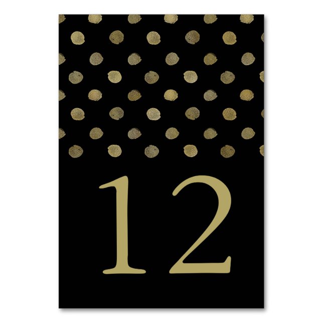 Moderne Black & Gold Polka Dots Hochzeitsnummer Tischnummer (Vorderseite)