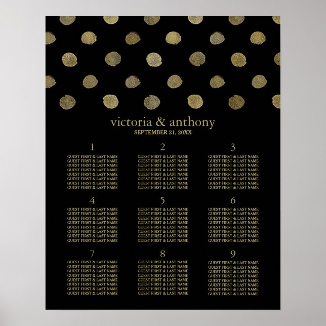 Moderne Black & Gold Polka Dots Hochzeitsplanung Poster (Vorne)