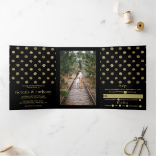 Moderne Black & Gold Polka Dots Wedding Suite Dreifach Gefaltete Einladung