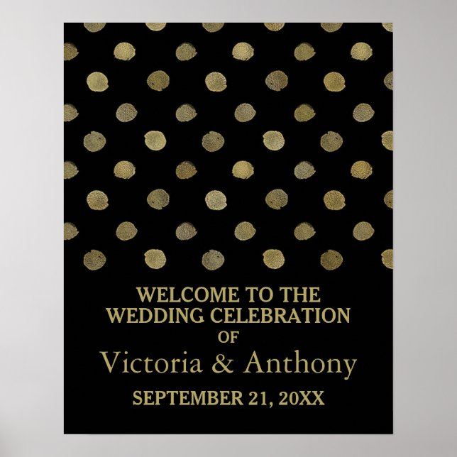 Moderne Black & Gold Polka Dots Wedding Willkommen Poster (Vorne)