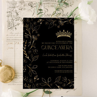 Moderne Black Gold Rosen Floral Tiara Quinceañera Einladung