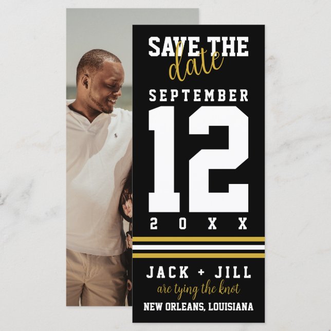 Moderne Black Gold Sporty Wedding rettet das Datum (Vorne/Hinten)