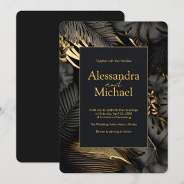 Moderne Black Gold Tropical Blätter Wedding Einladung
