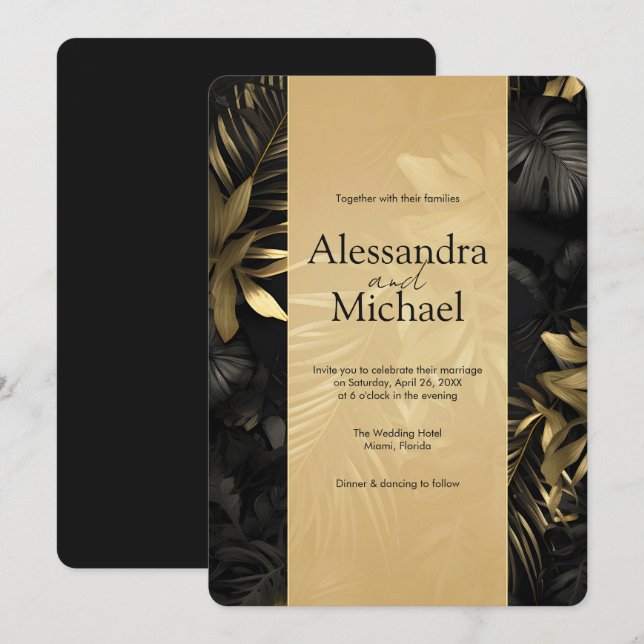 Moderne Black Gold Tropical Blätter Wedding Einladung (Vorne/Hinten)