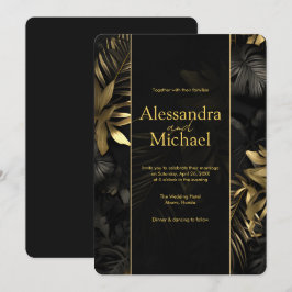 Moderne Black Gold Tropical Blätter Wedding Einladung