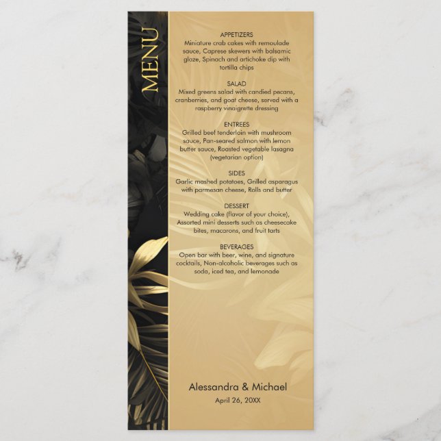 Moderne Black Gold Tropical Blätter Wedding Menükarte (Vorderseite)