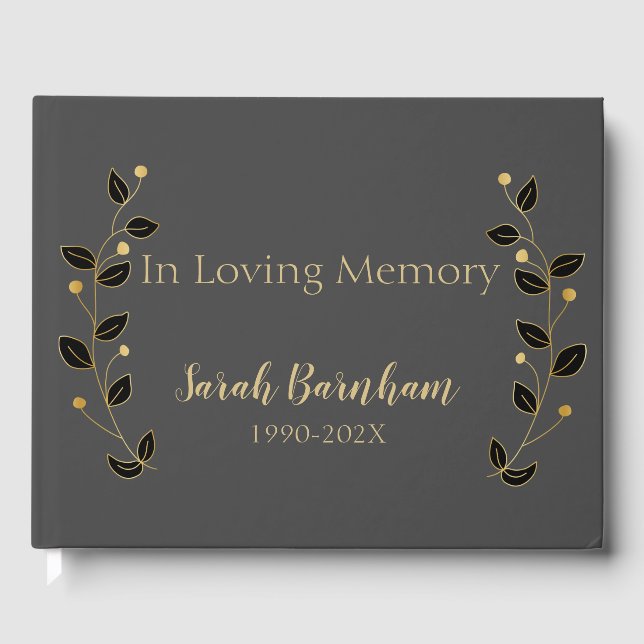 Moderne Black & Gold Vines Memorial Gästebuch (Vorderseite)