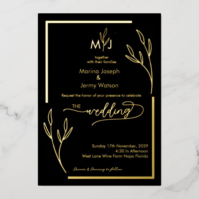 Moderne Black & Golden Leaflet Border-Monogramm Folieneinladung (Vorderseite)