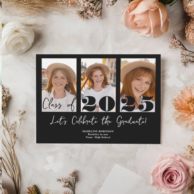 Moderne Black Graduation Party 5 Foto Class Einladung (Modern black Graduation Party 5 Photo Class Invitation)