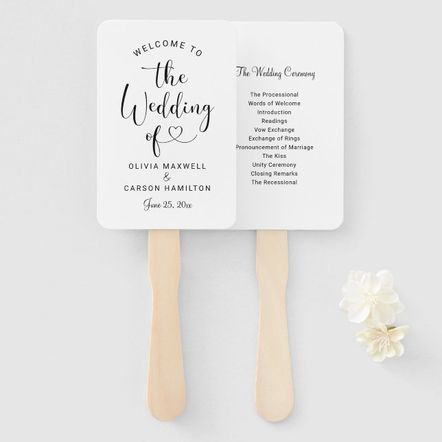 Moderne Black Heart Script Hochzeit Begrüßung Fächer (Vorne und Hinten)