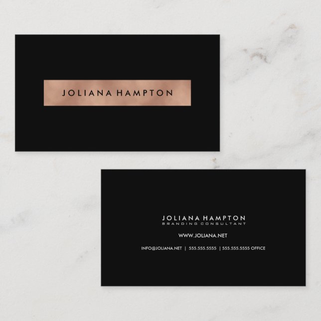 Moderne Black Luxe Rose Gold Metallfolie Visitenkarte (Vorne/Hinten)