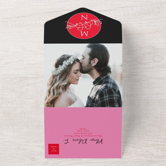 Moderne Black Magenta Wedding All In One Einladung (Außenbereich)