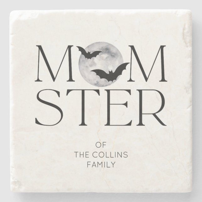 Moderne Black Moon Bats Halloween Momster-Mama Steinuntersetzer (Vorderseite)