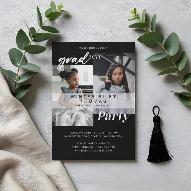 Moderne Black Now & Then Two Foto Graduation Party Einladung (Modern Black Now & Then Two Photo Graduation Party Invitation)