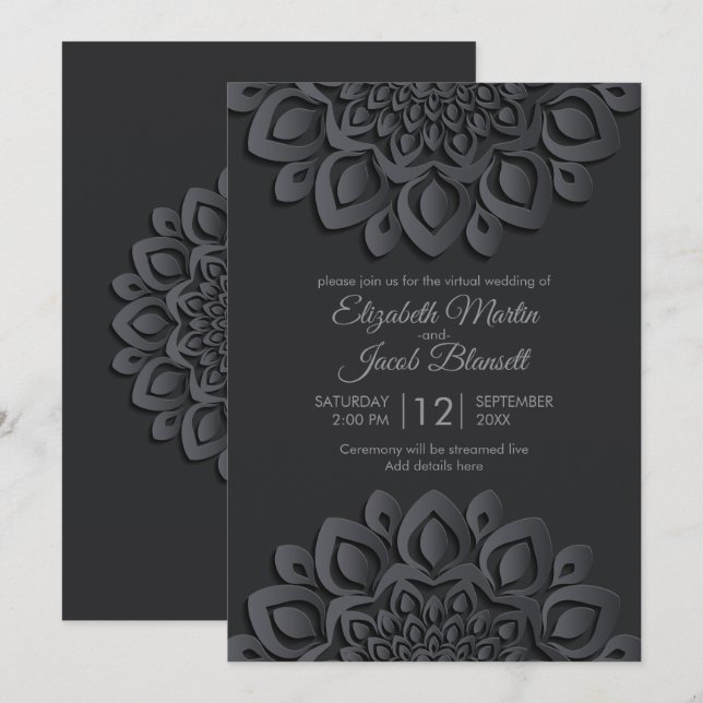 Moderne Black Papercut Mandala Virtual Wedding Einladung (Vorne/Hinten)