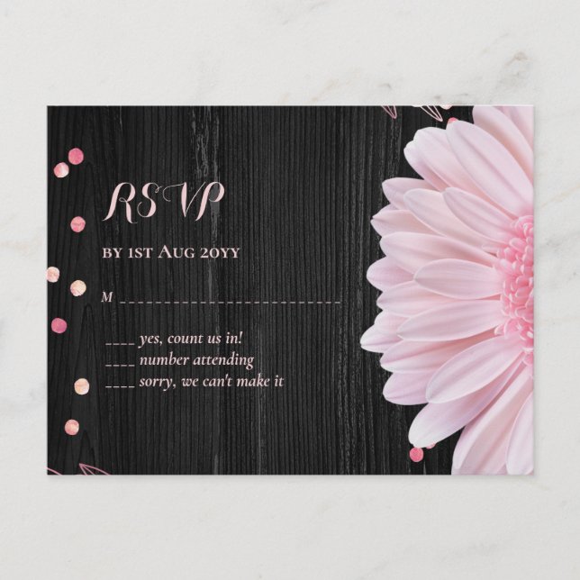 Moderne Black Pink Daisy Wedding Postkarte (Vorderseite)