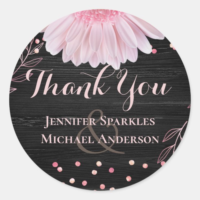 Moderne Black Pink Daisy Wedding Runder Aufkleber (Vorderseite)