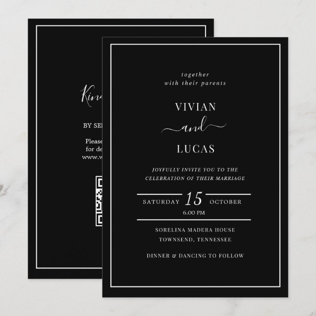 Moderne Black QR Code Minimale Hochzeit Einladung (Vorne/Hinten)