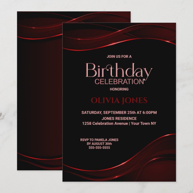 Moderne Black Red Birthday Party Einladung (Vorne/Hinten)