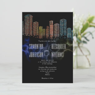 Moderne Black Rooftop Lounge Night Skyline Wedding Einladung