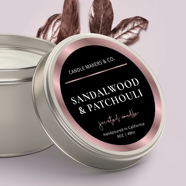 Moderne Black & Rose Gold Candle Jar Lid Runder Aufkleber (Black and rose gold round product stickers for candle tin or jar lids)