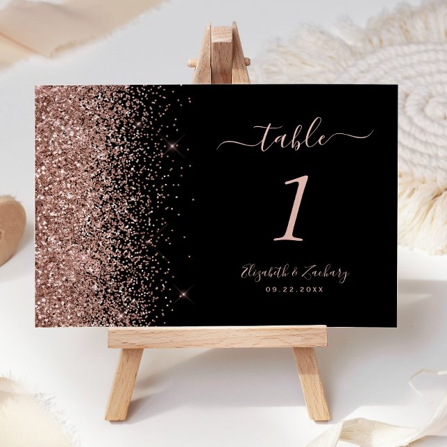 Moderne Black Rose Gold Glitzer Edge Wedding Tischnummer (Von Creator hochgeladen)