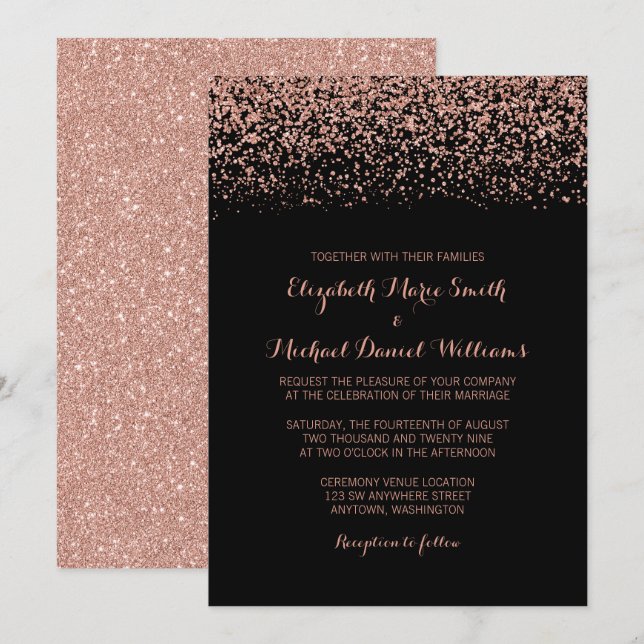 Moderne Black Rose Gold Imitats Glitzer Hochzeit Einladung (Vorne/Hinten)