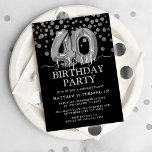 Moderne Black & Silver 40. Überraschung Geburtstag Einladung<br><div class="desc">Moderne Schwarz-Silber-Überraschung Geburtstagsfeier für jemanden ab 40 Jahren! Mit einem schwarzen Hintergrund,  Imitate silberne Glitzer Konfetti,  silber 40. Geburtstagsballons und eine elegante Geburtstagsvorlage,  die leicht angepasst werden kann.</div>