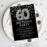 Moderne Black & Silver 60. Überraschung Geburtstag Einladung<br><div class="desc">Moderne schwarz und silber Überraschung sechzigste Geburtstagsfeier Einladung! Mit schwarzem Hintergrund,  weißem Kalligraphie-Script und Serif-Schriftart,  Imitate silberne Glitzer Konfetti,  modernen silbernen 60. Geburtstag Helium Ballons und eine elegante Geburtstagsvorlage,  die leicht zu anpassen.</div>