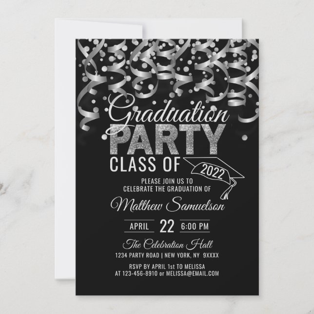 Moderne Black Silver Glitzer GRADUATION Party Invi Einladung (Vorderseite)