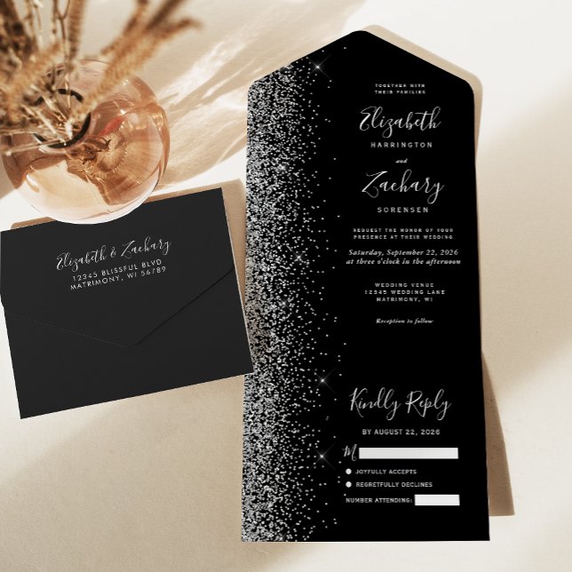 Moderne Black Silver Glitzer Wedding All In One Einladung (Von Creator hochgeladen)