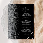 Moderne Black Silver Glitzer Wedding Menükarte<br><div class="desc">Die links Kulisse dieses eleganten,  modernen Hochzeitsmenüs besticht durch ein Imitat mit silberfarbenem Glitzer. Der anpassbare Text vereint silbergraue,  weißliche Handschrift-Skripte und Copperplate-Schriftart auf schwarzem Hintergrund. Auf der Rückseite ist ein passendes Schwarz-Silber-Glitzer-Design erkennbar.</div>