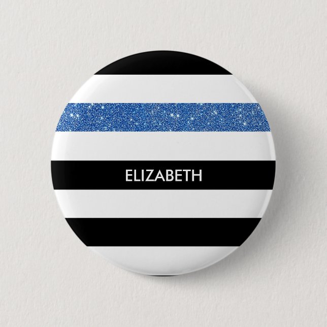Moderne Black Stripes IMITATE Blue Glitz und Name Button (Vorderseite)