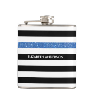 Moderne Black Stripes IMITATE Blue Glitz und Name Flachmann