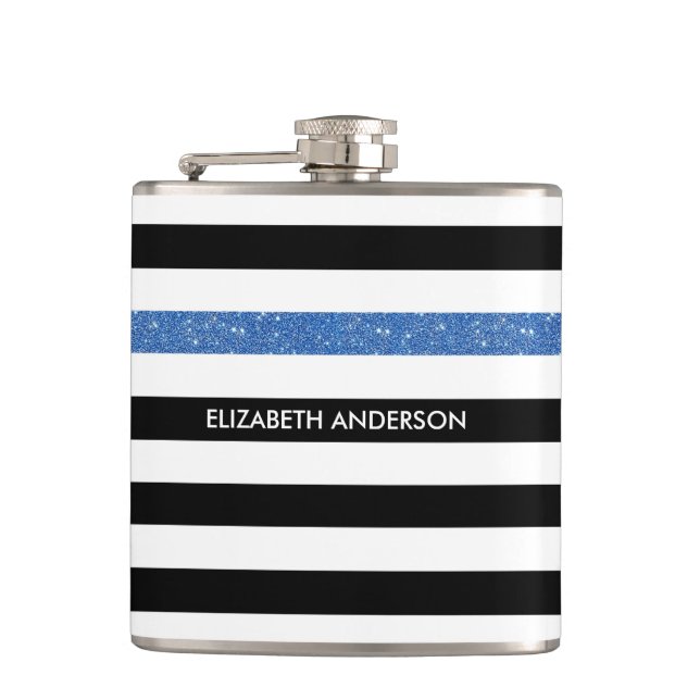 Moderne Black Stripes IMITATE Blue Glitz und Name Flachmann (Vorderseite)