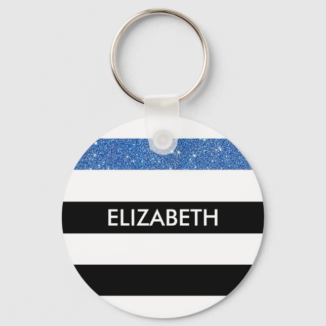 Moderne Black Stripes IMITATE Blue Glitz und Name Schlüsselanhänger (Vorderseite)