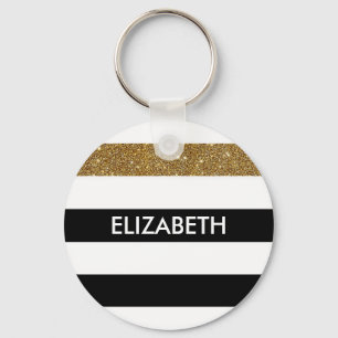 Moderne Black Stripes IMITATE Gold Glitz und Name Schlüsselanhänger