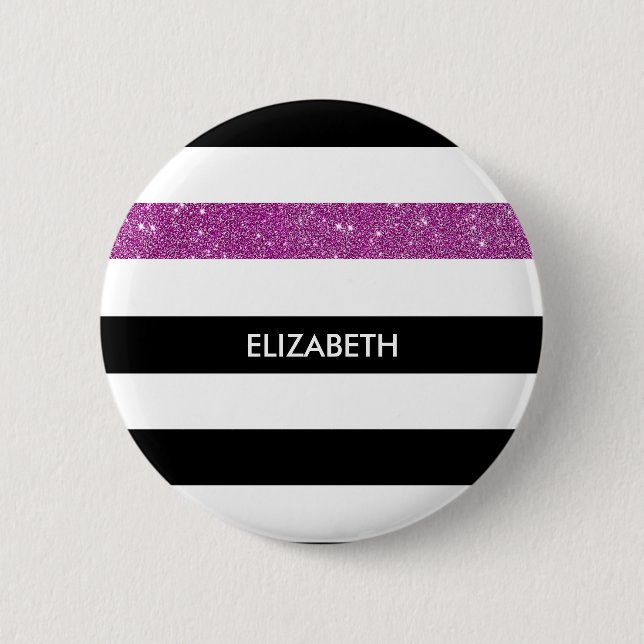 Moderne Black Stripes IMITATE Lila Glitz und Name Button (Vorderseite)