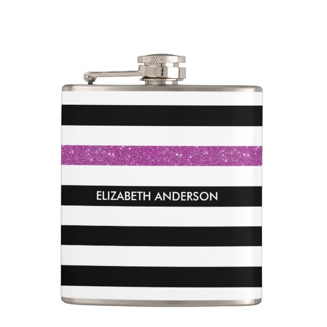 Moderne Black Stripes IMITATE Lila Glitz und Name Flachmann (Vorderseite)